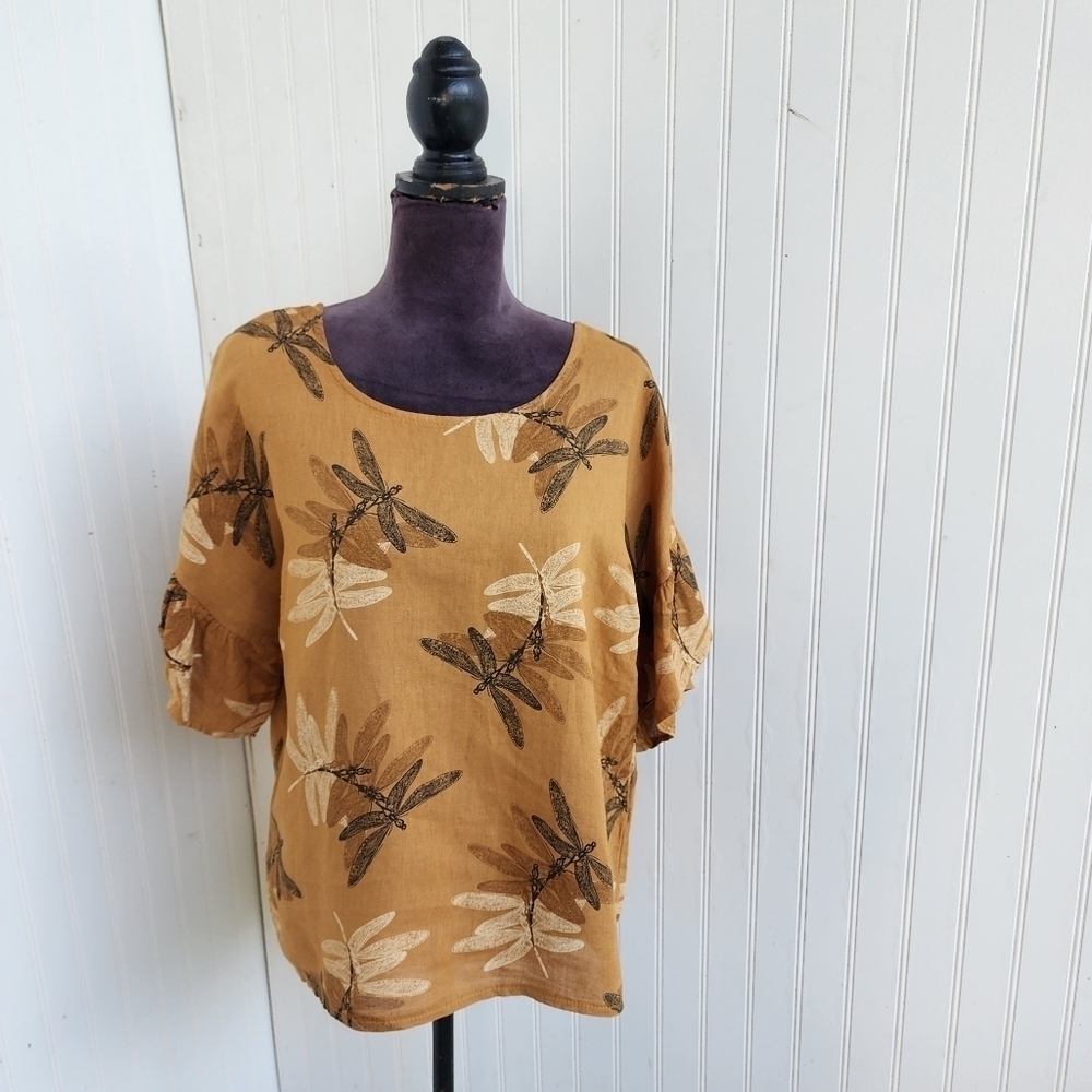 ELENA BALDI Italy Women's 100% Linen Dragonfly Ruffle Sleeve Top Brown Tan Sz S